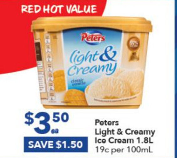 Peters Light & Creamy Ice Cream 1.8L offer at Ritchies
