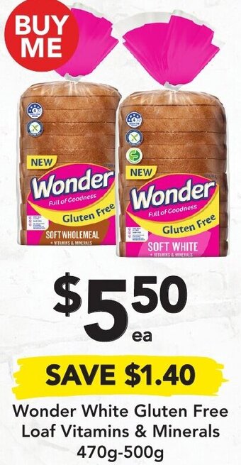 Wonder White Gluten Free Loaf Vitamins & Minerals 470g-500g