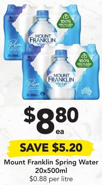 Drakes Mount Franklin Spring Water 20x500ml offer