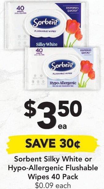 Drakes Sorbent Silky White Or Hypo-Allergenic Flushable Wipes 40 Pack offer