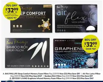 Harris Scarfe Bas phillips sleep comfort memory foam pillow air flex latex pillow bamboo rich pillow odyssey living graphene infused memory offer