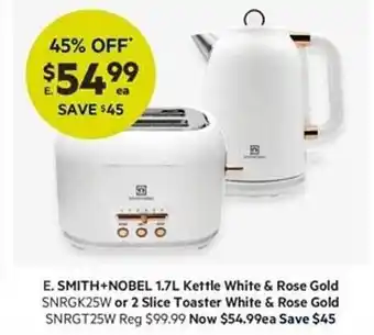 Harris Scarfe Smith+nobel 1.7l kettle white & rose gold or 2 slice toaster white & rose gold offer