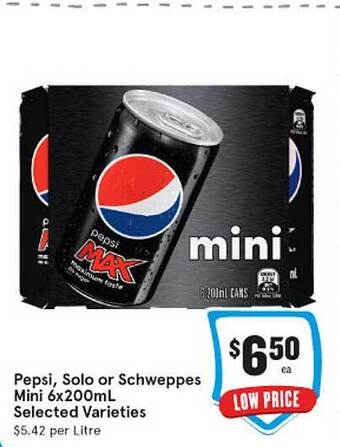 IGA Pepsi, solo or schweppes mini 6x200ml offer