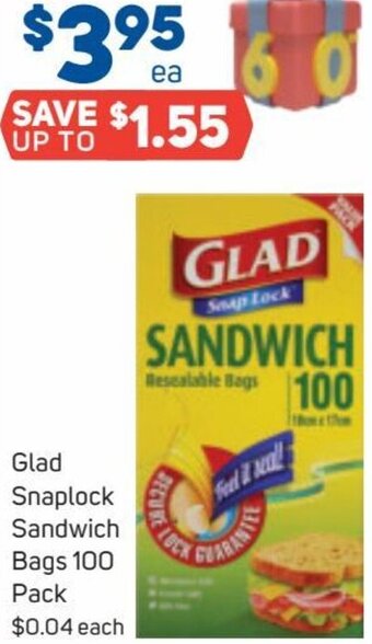 Foodland Glad Snaplock Sandwich Bags 100 Pack offer