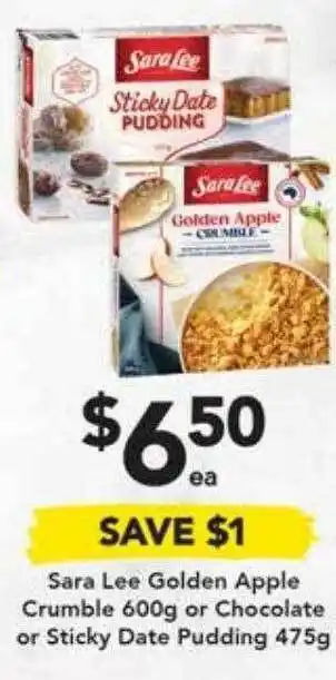 Drakes Sara lee golden apple crumble or chocolate or sticky date pudding offer