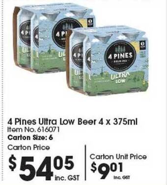 Campbells Wholesale 4 pines ultra low beer 4 x 375ml offer