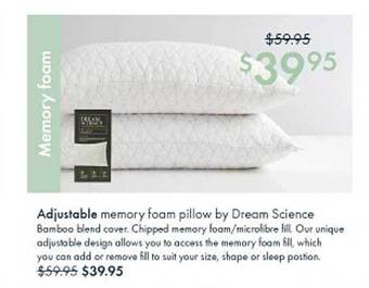 Pillow Talk Adjustable memory foam pillow by dream science offer