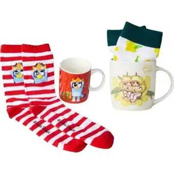 BIG W Bluey or may gibbs mug and socks sets offer