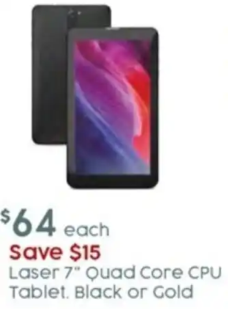 Laser 7" Quad Core CPU Tablet. Black Or Gold