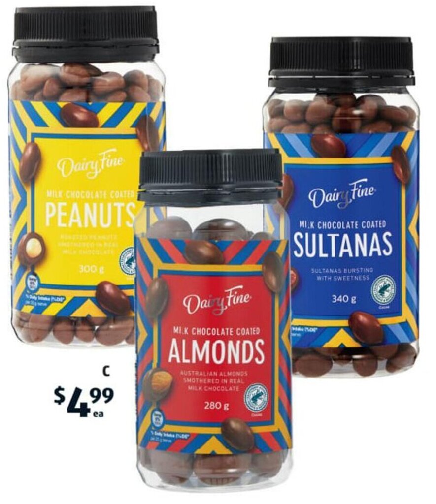 Dairy Fine Milk Chocolate Coated Peanuts 300g, Almonds 280g Or Sultanas 340g offer at ALDI