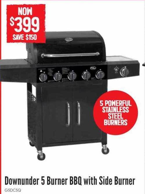 Downunder 5 burner bbq with side burner offer at Barbeques Galore