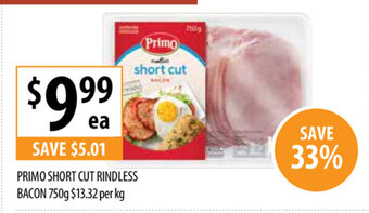 Supabarn Primo Short Cut Rindless Bacon 750g offer