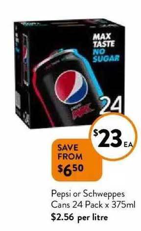 Foodworks Pepsi or schweppes cans offer