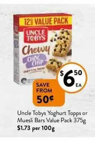 Foodworks Uncle tobys yoghurt topps or muesli bars value pack offer