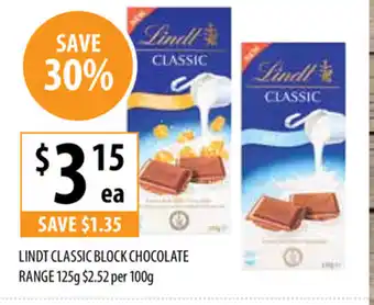 Supabarn Lindt Classic Block Chocolate Range 125g offer