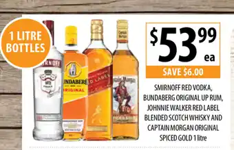 Supabarn Smrinoff Red Vodka, Bundaberg Original Up Rum, Johnnie Walker Red Label Blended Scotch Whisky and Captain Morgan Oiginal Spi offer