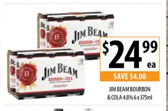 Supabarn Jim Beam Bourbon & Cola 4.8% 6 x 375mL offer