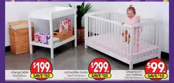 Cheap as Chips Change table, cot toddler mode or dreamcom cot mattress offer