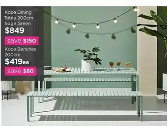Kace dining table 200 cm sage green, kace benches 200 cm