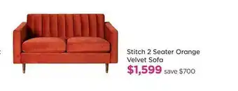 Stitch 2 seater orange velvet sofa