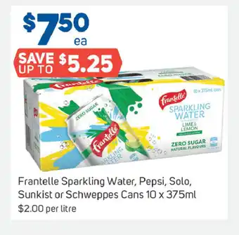 Foodland Frantelle Sparkling Water, Pepsi, Solo, Sunkist or Schweppes Cans 10 x 375mL offer