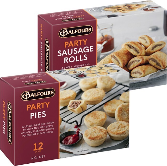 Balfours party pies, sausage rolls or pasties 12 pack offer at IGA