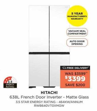 Bing Lee Hitachi 638l french door inverter - matte glass offer