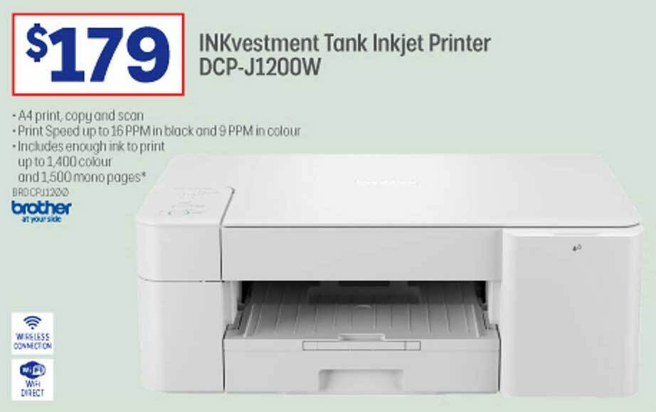 Inkvestment tank inkjet printer dcpj1200w brother offer at Officeworks