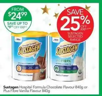 Terry White Sustagen hospital formula chocolate flavour or plus fibre vanilla flavour offer