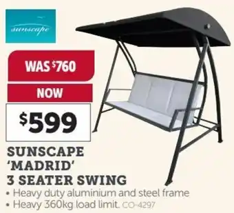 Stratco Sunscape 'Madrid' 3 Seater Swing offer