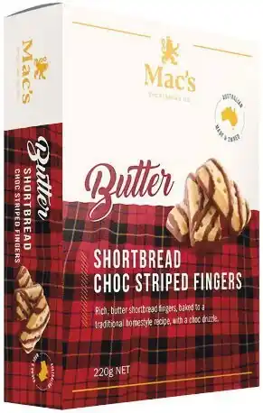 Woolworths Mac’s butter shortbread choc striped fingers 220g offer