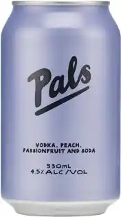 Woolworths Pals vodka, peach, passionfruit & soda cans 4x330ml offer