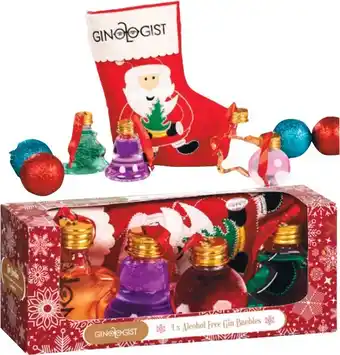 Woolworths Ginologist christmas baubles pack with a festive stocking 4 x 50ml offer
