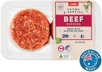 Coles Coles beef, thyme & parsley burgers 500g offer