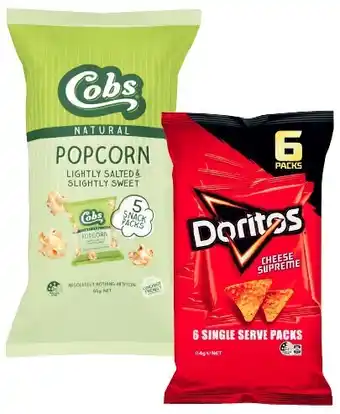 Coles Doritos corn chips 6 pack 114g or cobs popcorn 65g offer