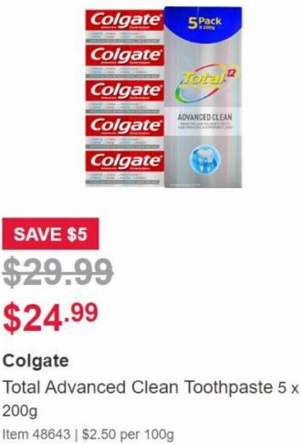 Colgate Total Advanced Clean Toothpaste 5 x 200 g offer at Costco