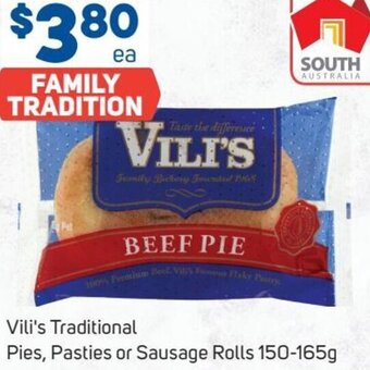 Foodland Vili's Traditional Pies, Pasties or Sausage Rolls 150-165g offer