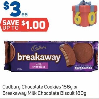 Foodland Cadbury Chocolate Cookies 156g or Breakaway Milk Chocolate Biscuit 180g offer