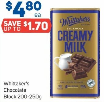 Foodland Whittaker's Chocolate Block 200-250g offer