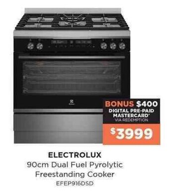 Bing Lee Electrolux 90cm Dual Fuel Pyrolytic Freestanding Cooker offer