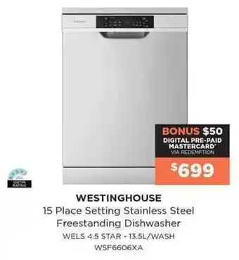 Bing Lee Westinghouse 15 Place Setting Stainless Steel Freestanding Dishwasher offer
