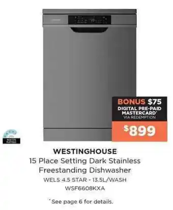 Bing Lee Westinghouse 15 Place Setting Dark Stainless Freestanding Dishwasher offer