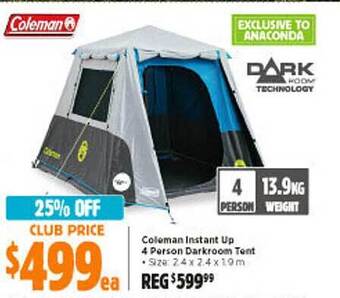 Anaconda Coleman instant up 4 person darkroom tent offer