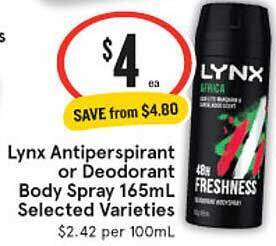 IGA Lynx antiperspirant or deodorant body spray offer