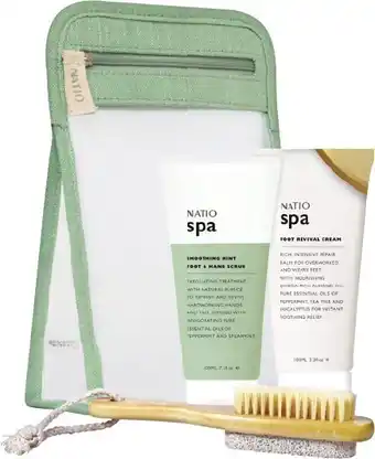 Soul Pattinson Chemist Natio tranquil steps smoothing mint foot & hand scrub 100ml, foot revival cream 100ml, wooden pumice stone and foot brush wit offer