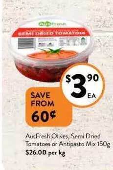 Foodworks Ausfresh olives, semi dried tomatoes or antípasto mix offer