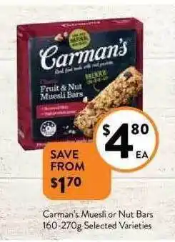 Foodworks Carman's muesli or nut bars offer