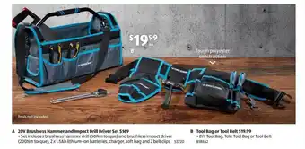 20 brushless hammer and impact drill driver set or tool bag or toll belt