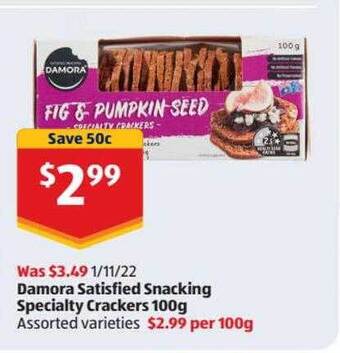 ALDI Damora satisfied snacking specialty crackers offer