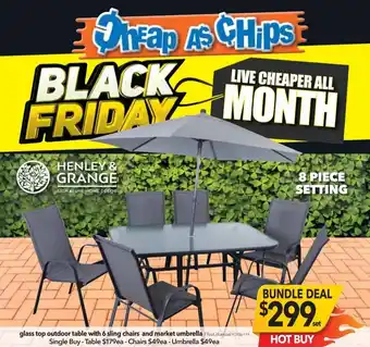 Cheap as Chips Henley & Grange Glass Top Outdoor Table With 6 Sling Chairs And Market Umbrellaa offer